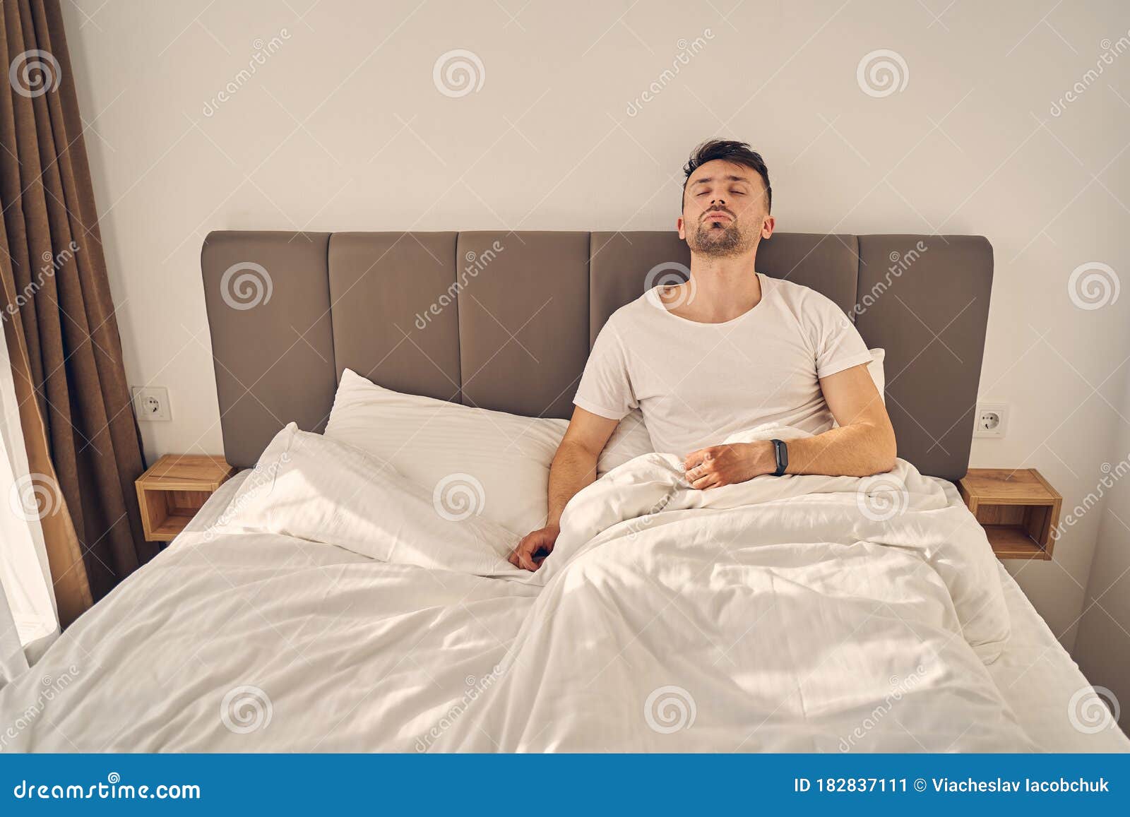 Tired Brunette Man Trying To Sleep In His Bed Stock Image Image Of