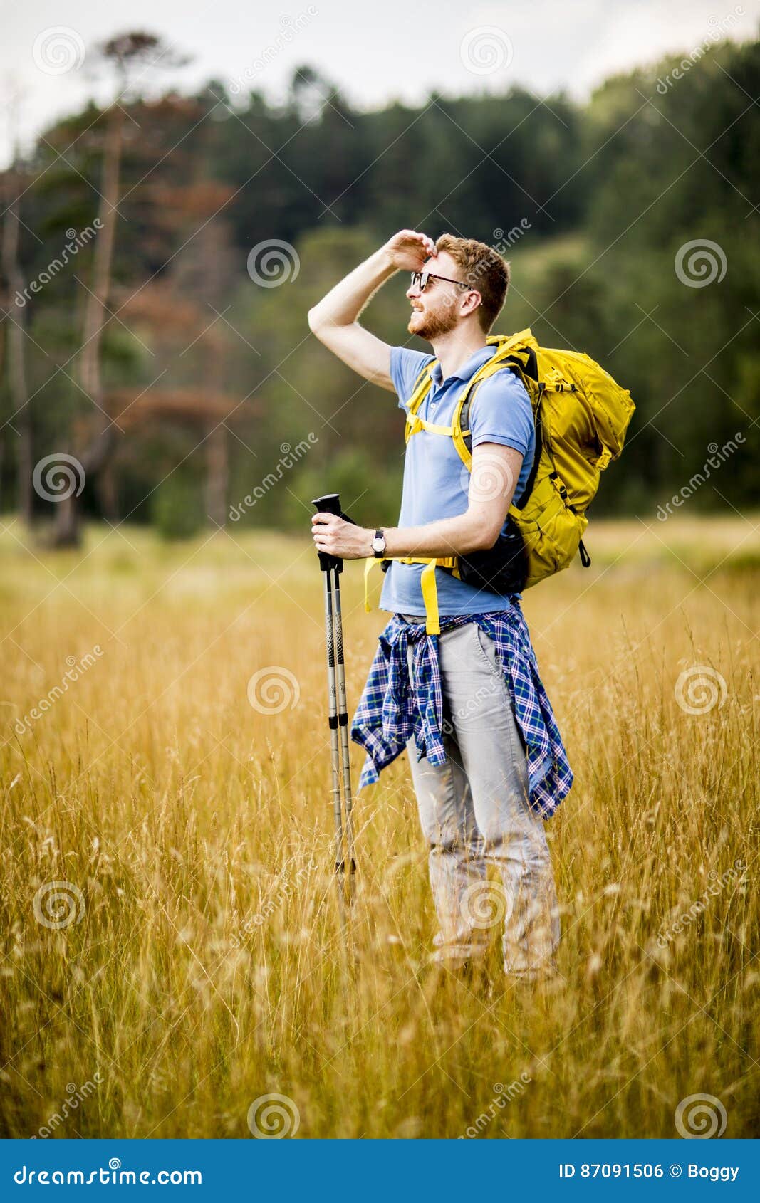 Young Man Enjoys Hiking on a Sunny Day Stock Photo - Image of mountain ...