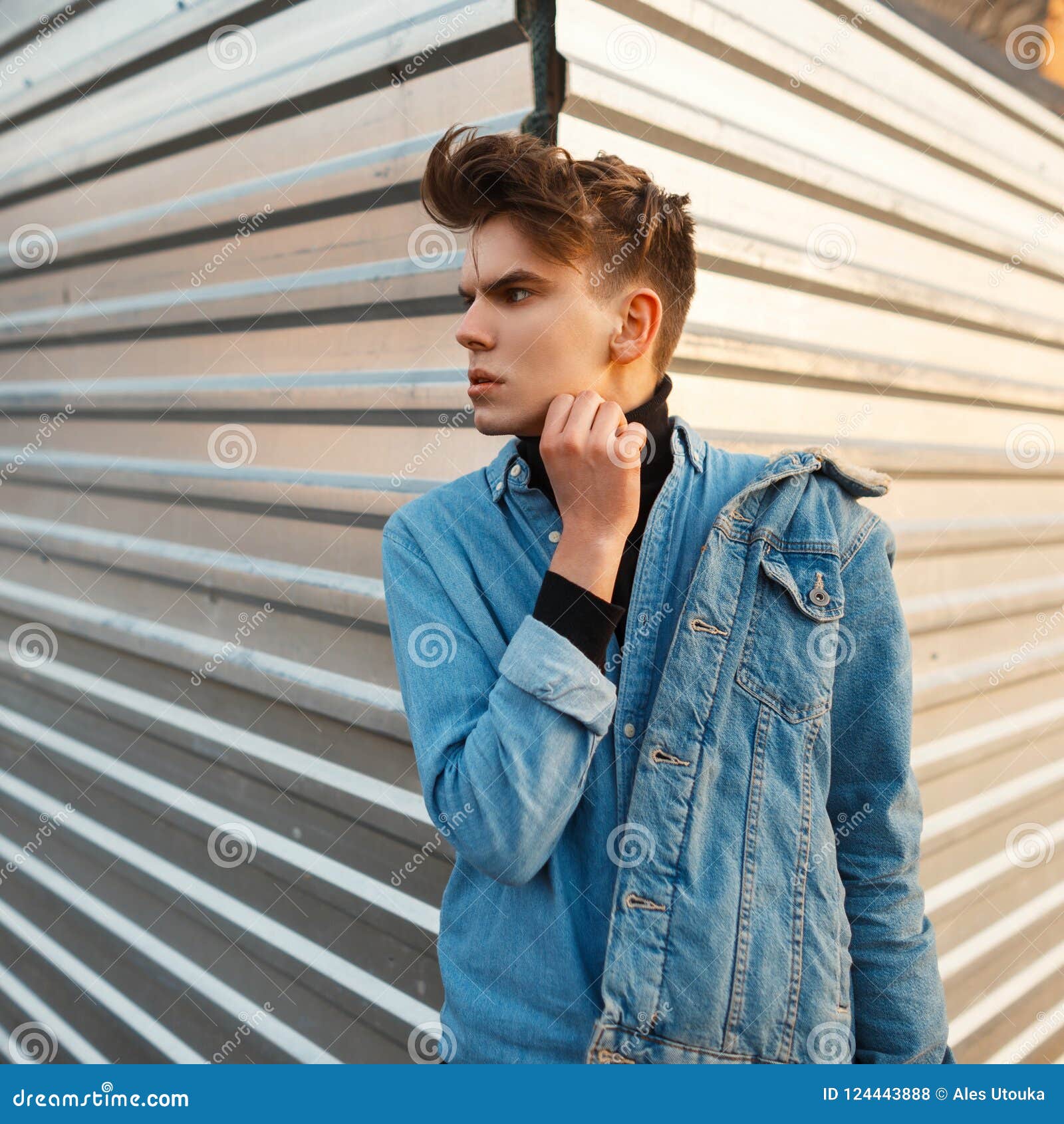 Handsome Young Man with a Hairstyle in a Jeans Jacket Stock Photo - Image of blue, background: 124443888 Handsome Young Man with a Hairstyle in a Jeans Jacket Stock Photo - Image of blue, background: 124443888