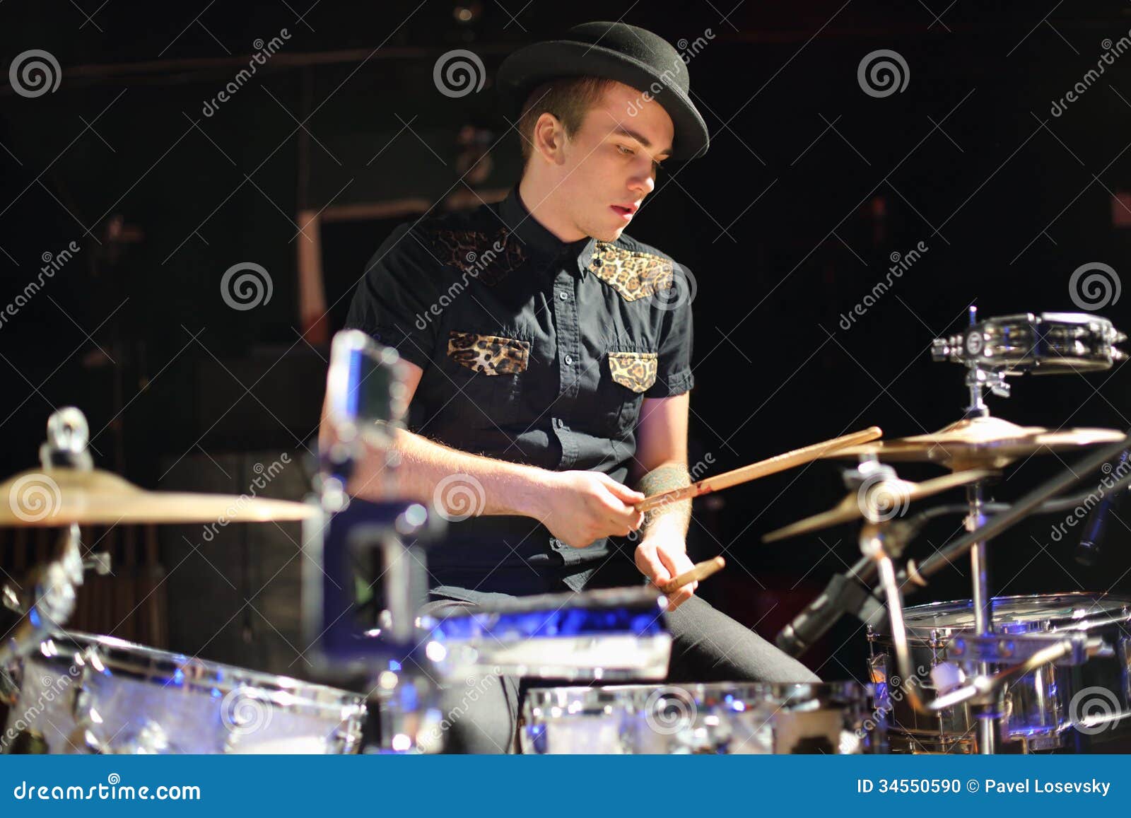 Handsome Young Man in Hat Plays Drum Set Stock Photo - Image of bass ...
