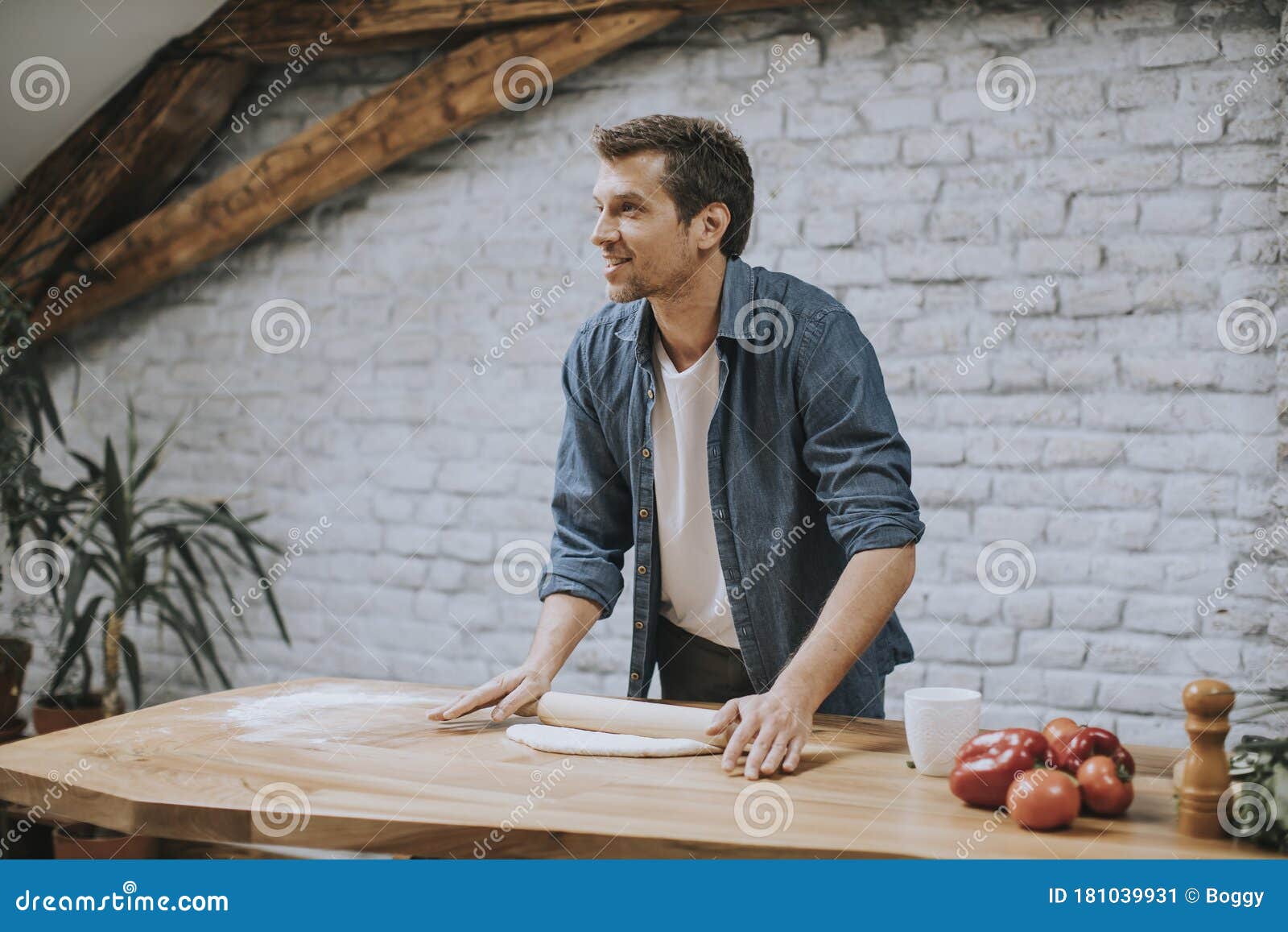 Young Man Making Dough in the Rustic Kitchen Stock Image Image of