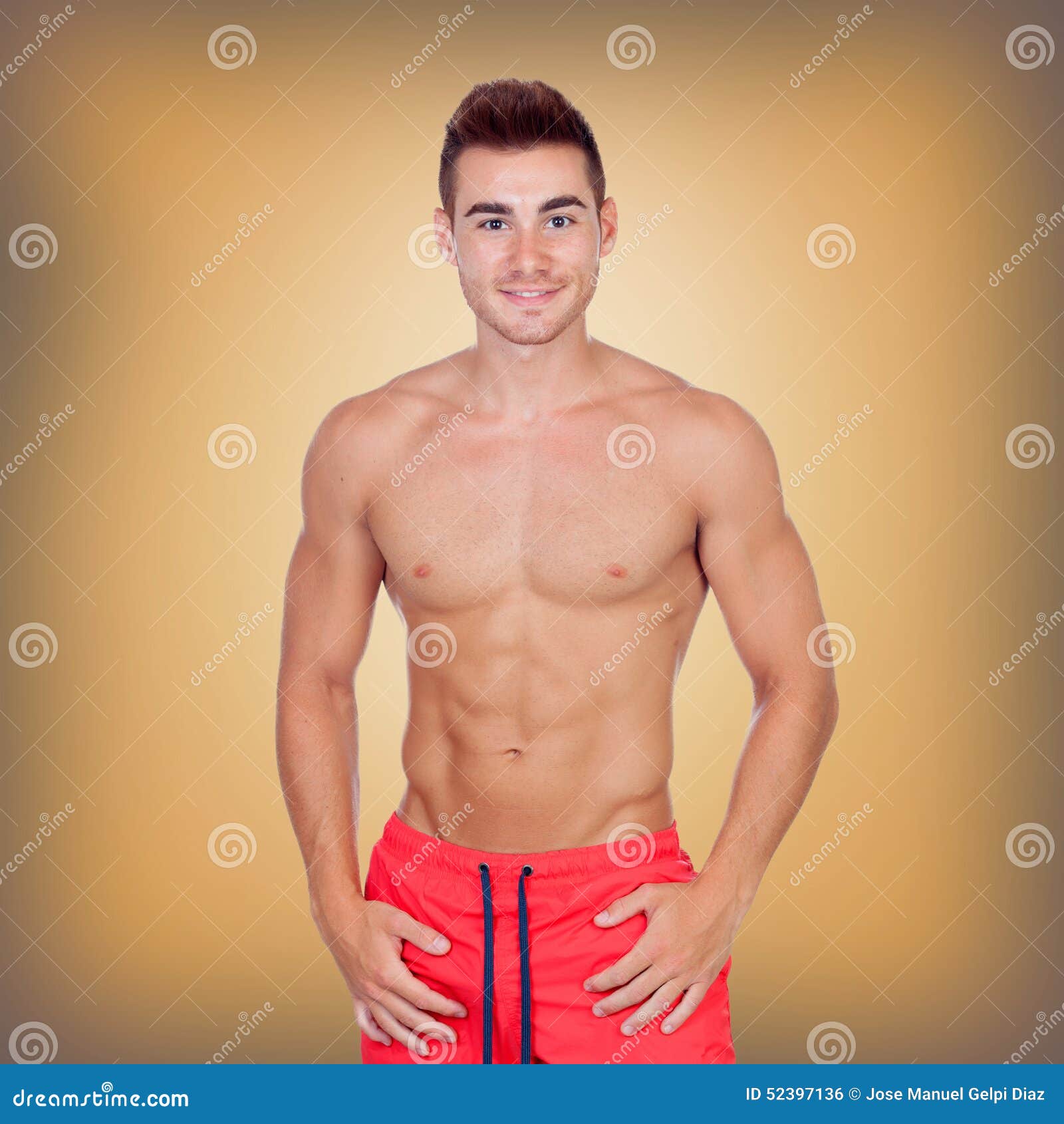 Handsome Young Man With Red Swimsuit Stock Photo Image of background