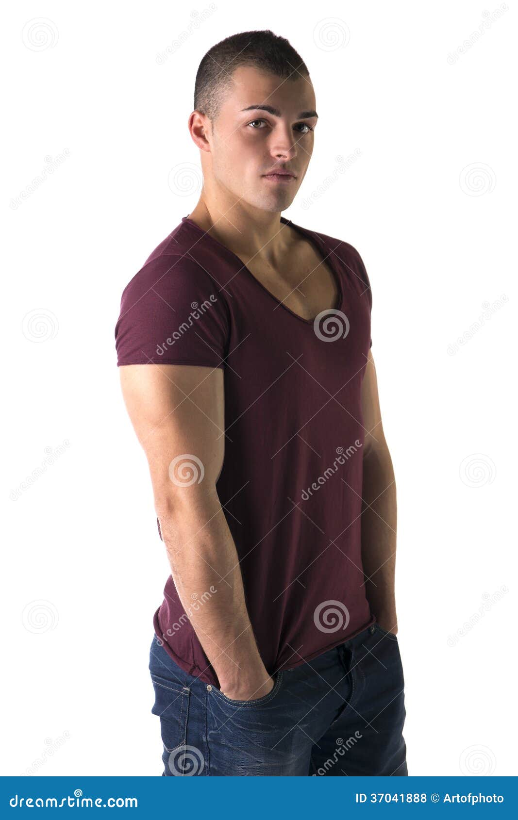 Handsome Young Man with T-shirt, Hands in Pockets of His Jeans Stock ...