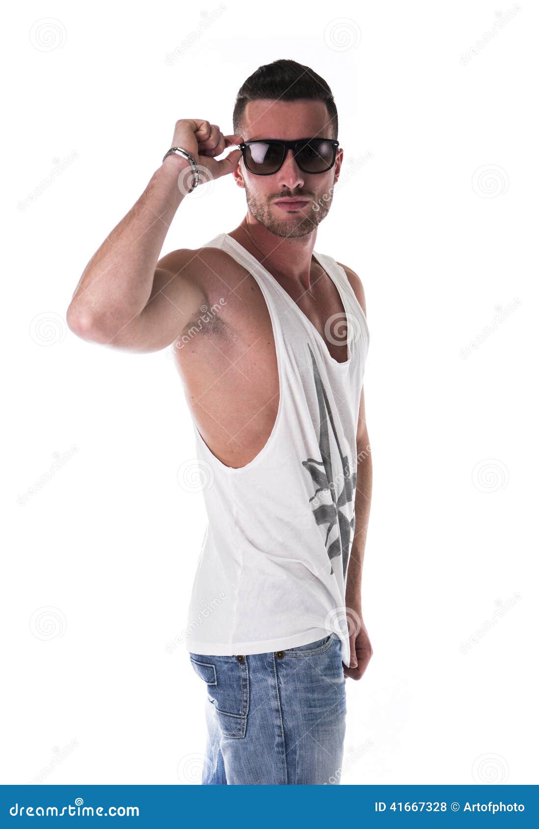Handsome Young Man in White Tanktop and Sunglasses Stock Photo - Image ...