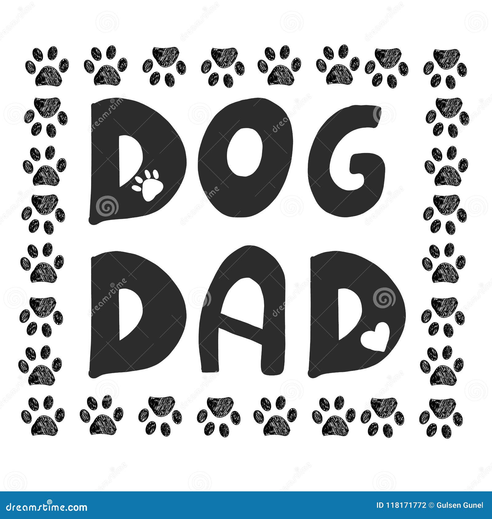 Handwriting ``Dog Dad`` Text. Doodle Black Paw Print ...