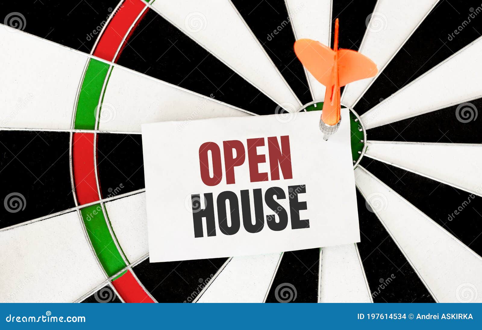 Handwriting OPEN HOUSE on Notepaper with Dart Arrow and Dart Board