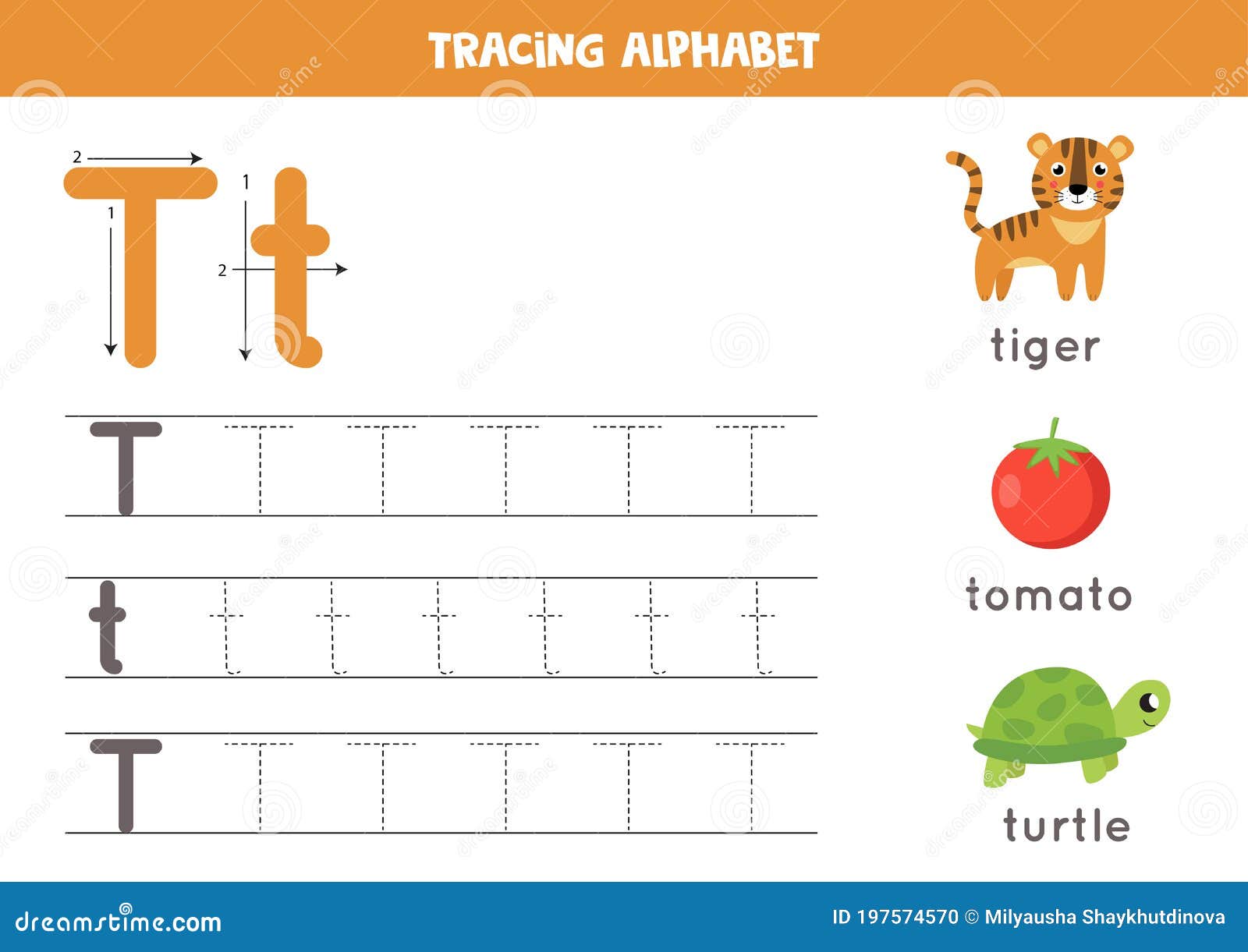 Handwriting Practice with Alphabet Letter. Tracing T. Stock Vector