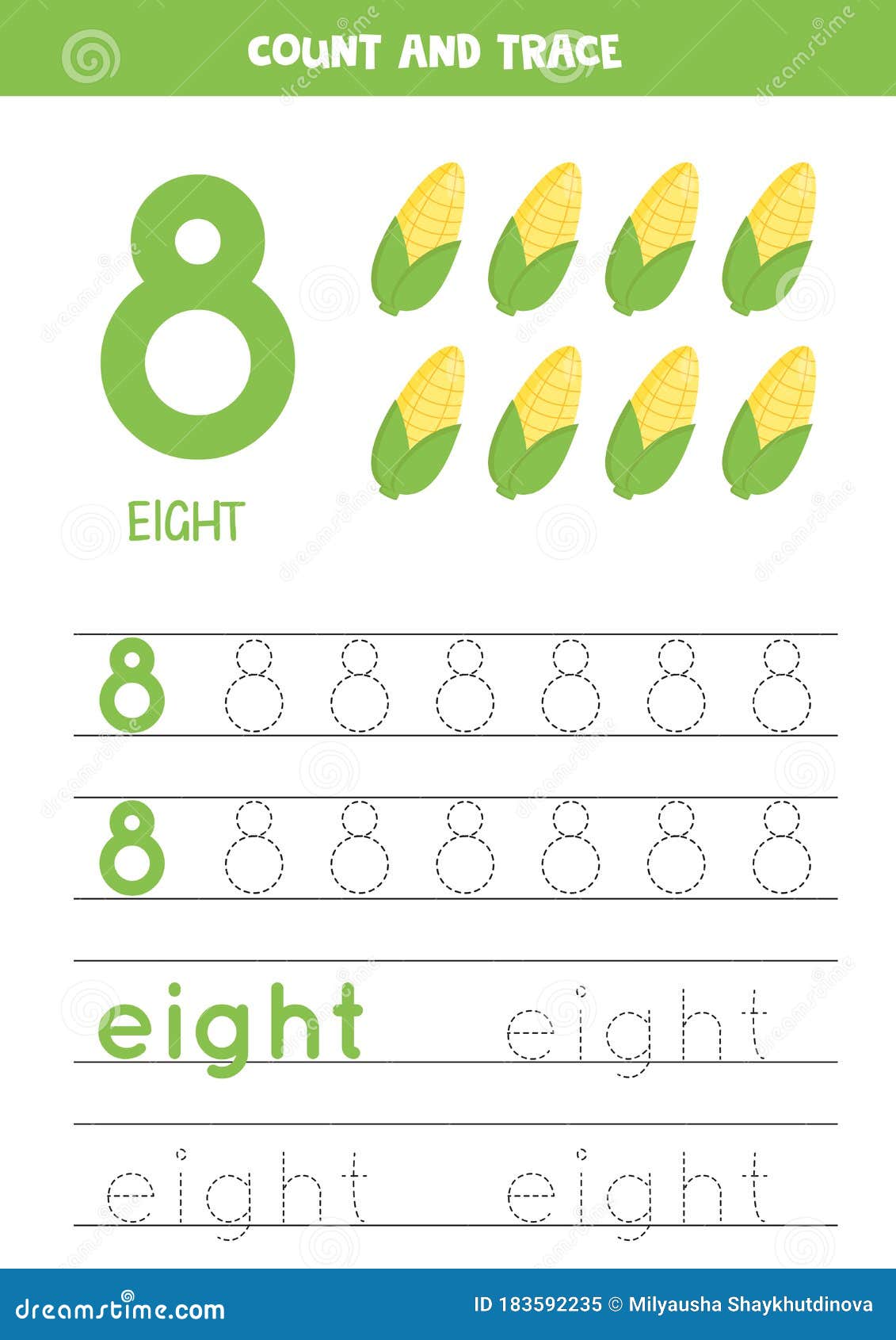 Handwriting Practice for Kids. Number Eight. Cartoon Corncobs