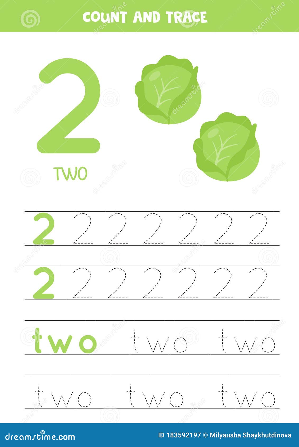 Handwriting Practice For Kids. Number Two. Cartoon Cabbages. Stock