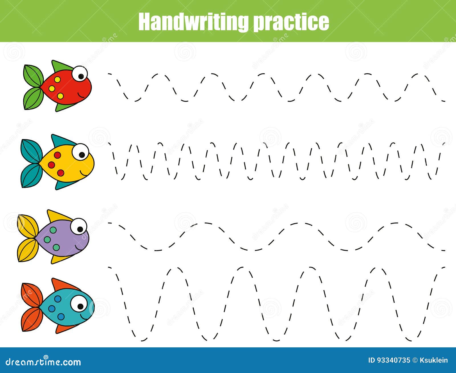 handwriting practice sheet. educational children game, printable worksheet for kids with wavy lines and fish