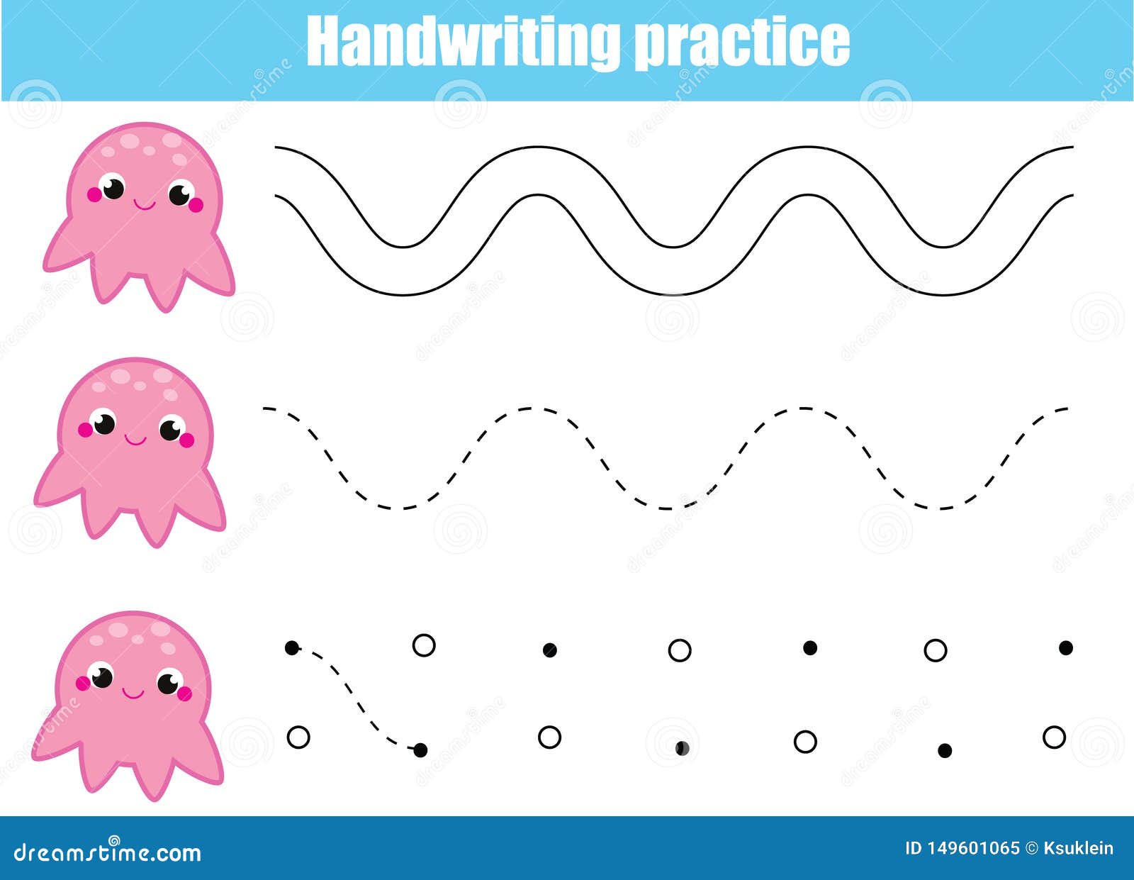 handwriting practice sheet educational children game tracing lines with cute octopus early education worksheet for kids stock vector illustration of homework handwriting 149601065