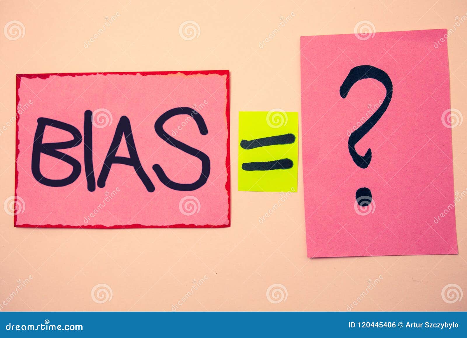 handwriting text bias. concept meaning unfair subjective one-sidedness preconception inequality bigotry ideas messages pink papers