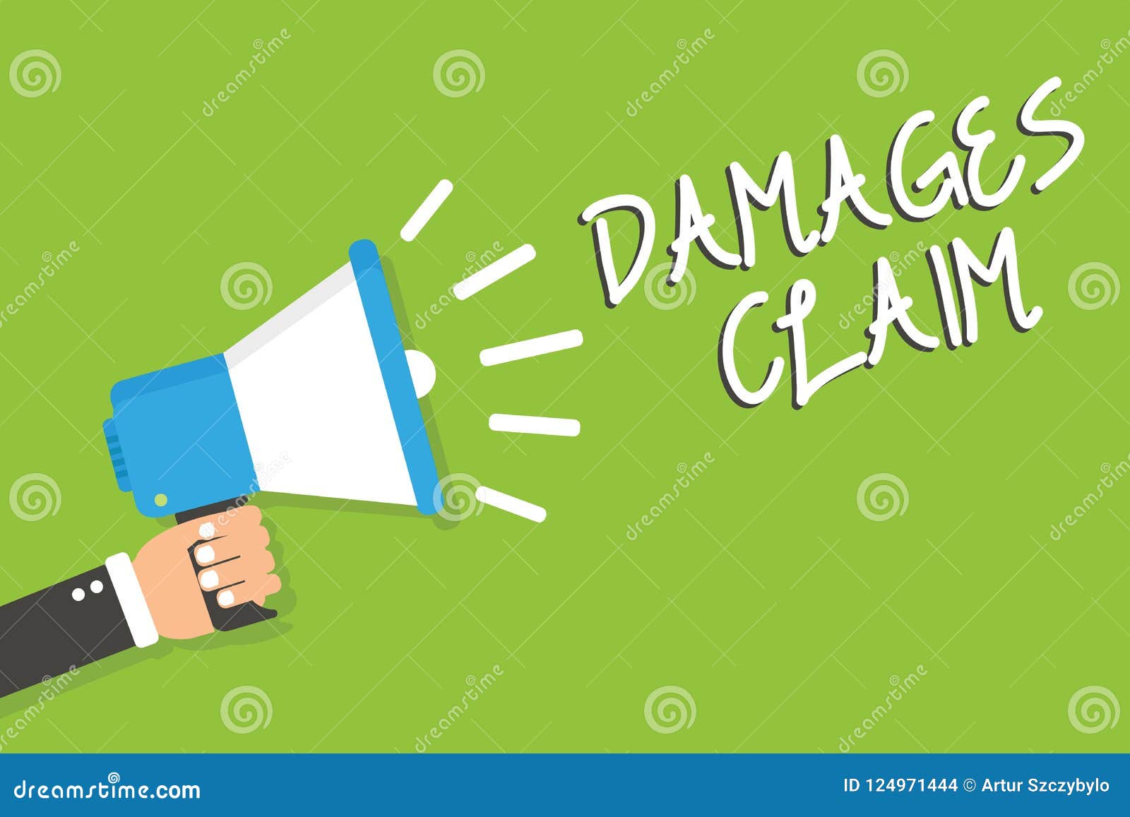 handwriting text damages claim. concept meaning demand compensation litigate insurance file suit man holding megaphone loudspeaker