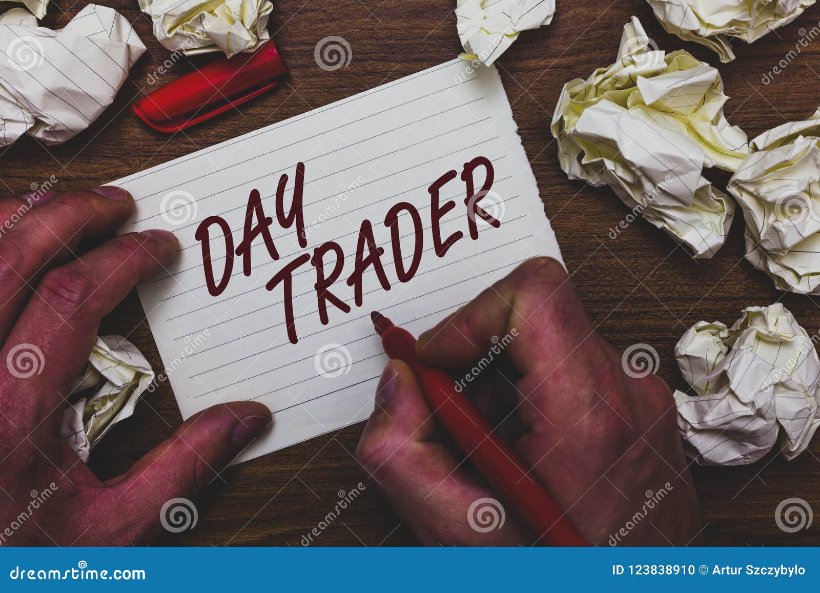handwriting text writing day trader. concept meaning a person that buy and sell financial instrument within the day man holding ma
