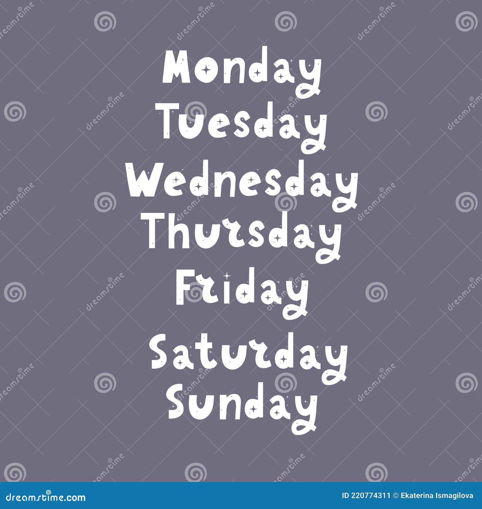 Days of the week: Sunday, Monday, Tuesday, Wednesday, Thursday, Friday,  Saturday Stock Vector