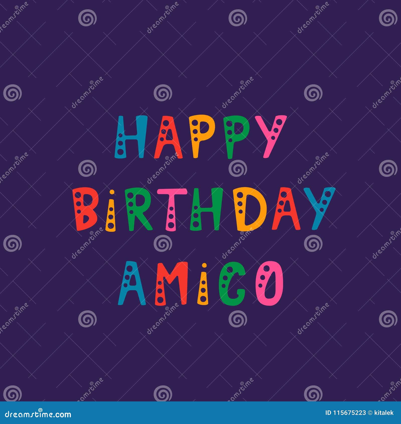 handwritten lettering of happy birthday amigo on purple background