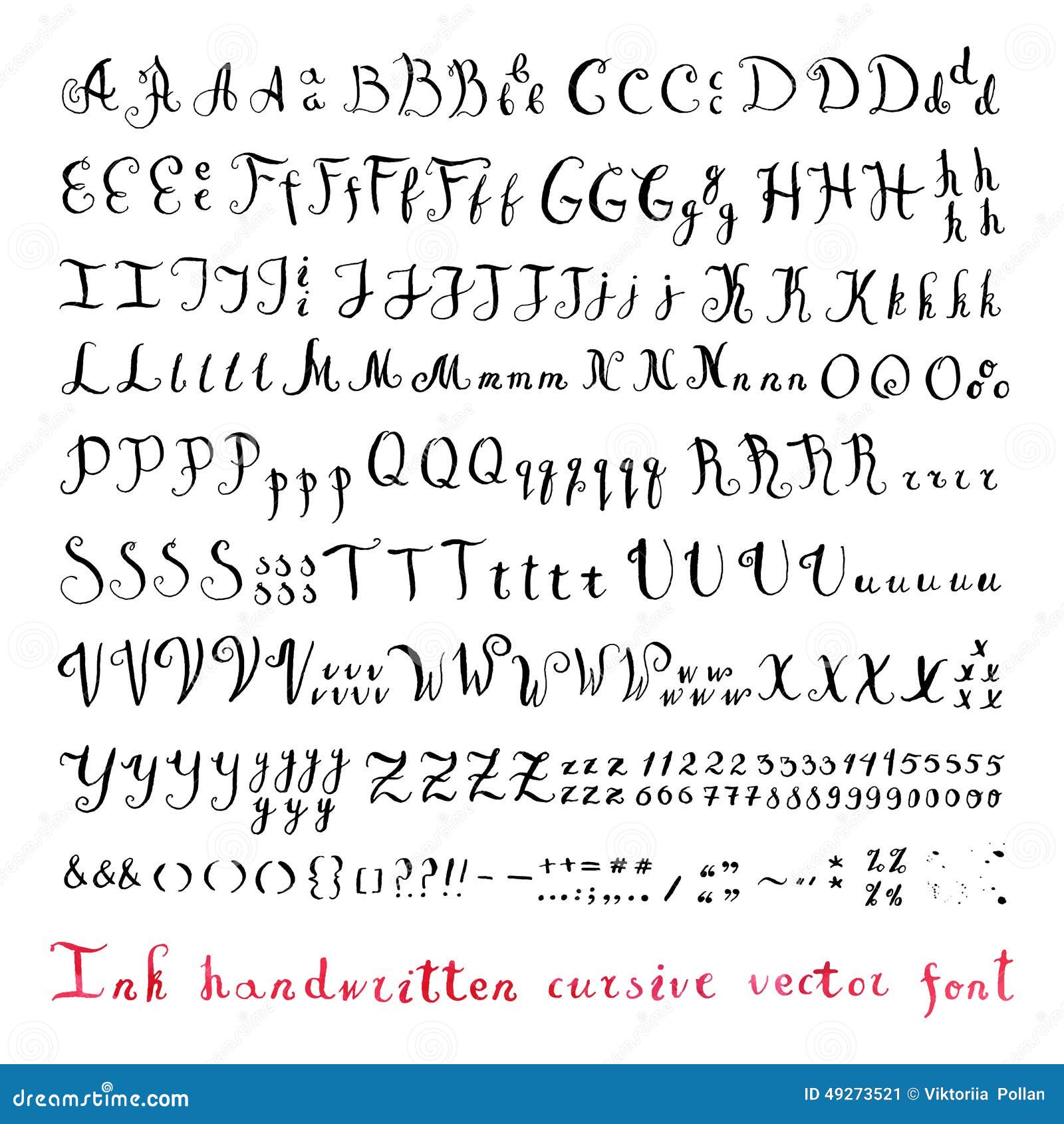 handwritten vintage ink cursive  alphabet (font) with different variants of writing the same letters