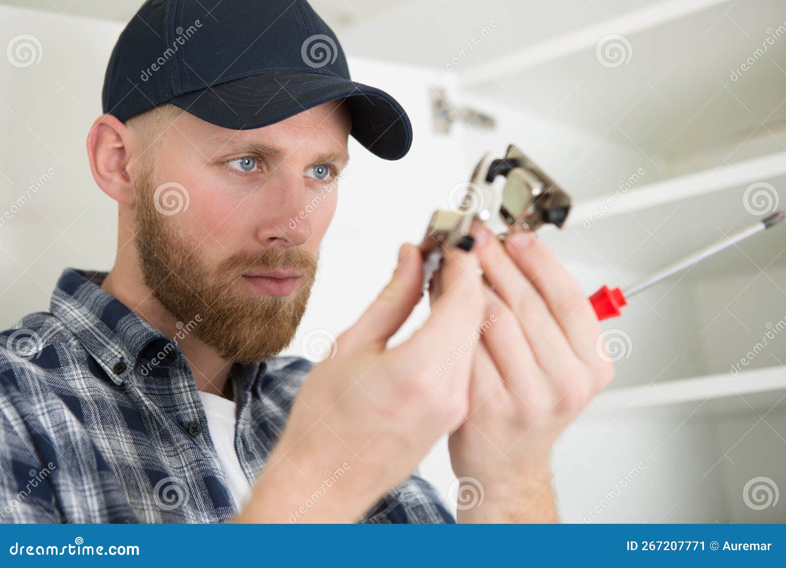 Handyman fitting new door stock image. Image of joiner 267207771