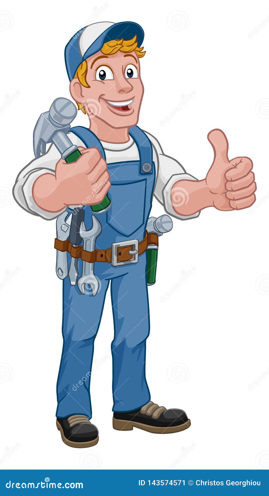 Handyman Hammer Cartoon Man DIY Carpenter Builder. A handyman carpenter or builder cartoon man holding a hammer. Construction maintenance worker or DIY character mascot. Giving a thumbs up.