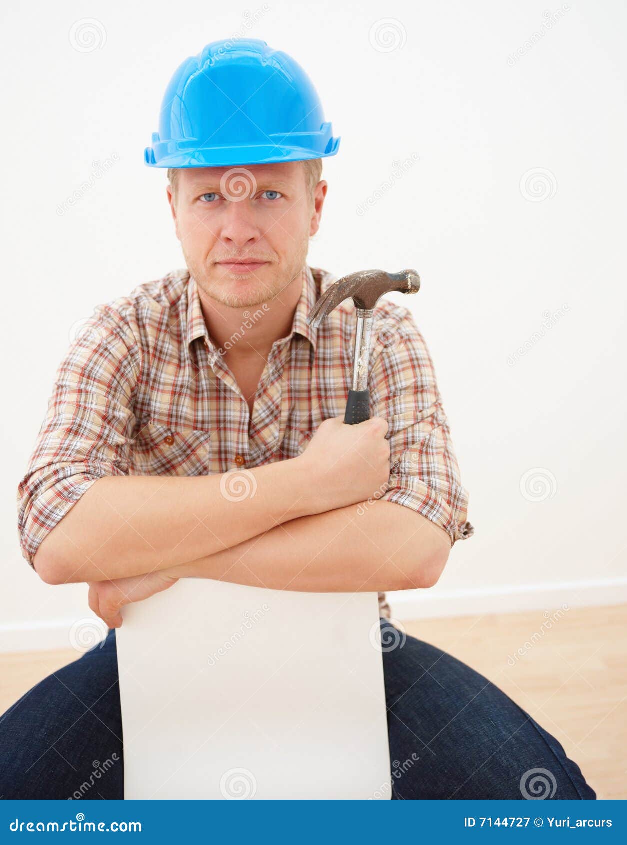 Handyman Holding Hammer and Sitting Copyspace Stock Image Image of