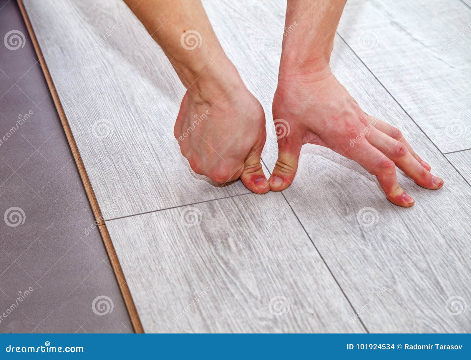 Handyman Laying Down Laminate Flooring Boards Stock Photo Image