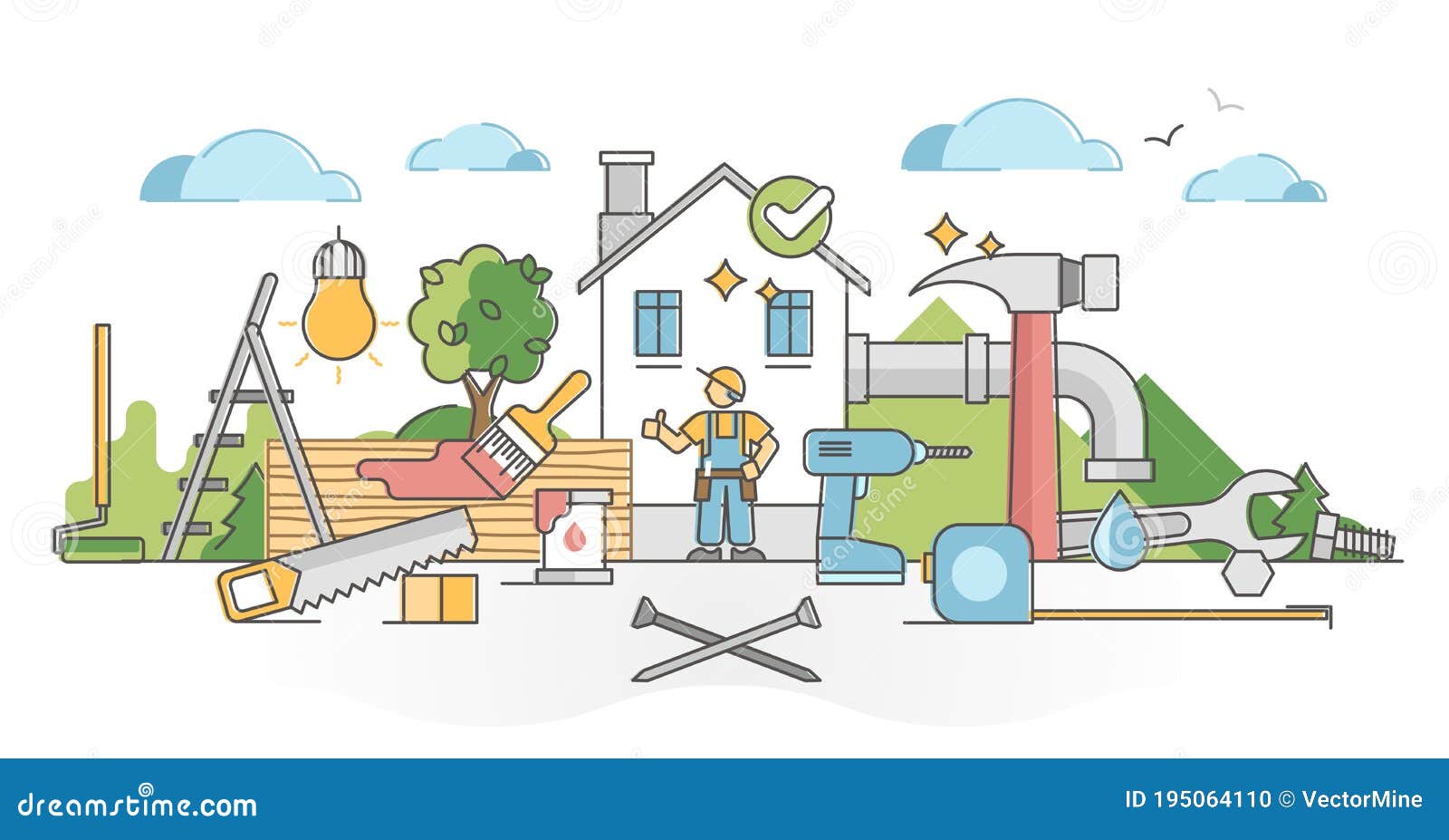 handyman occupation with construction, repair and maintenance outline concept