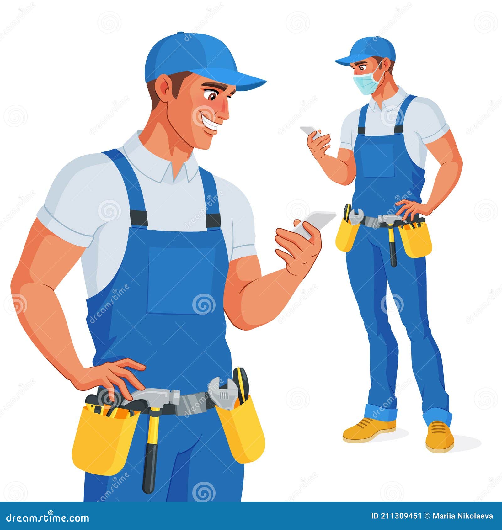 handyman in overalls and tool belt checking his phone.  .