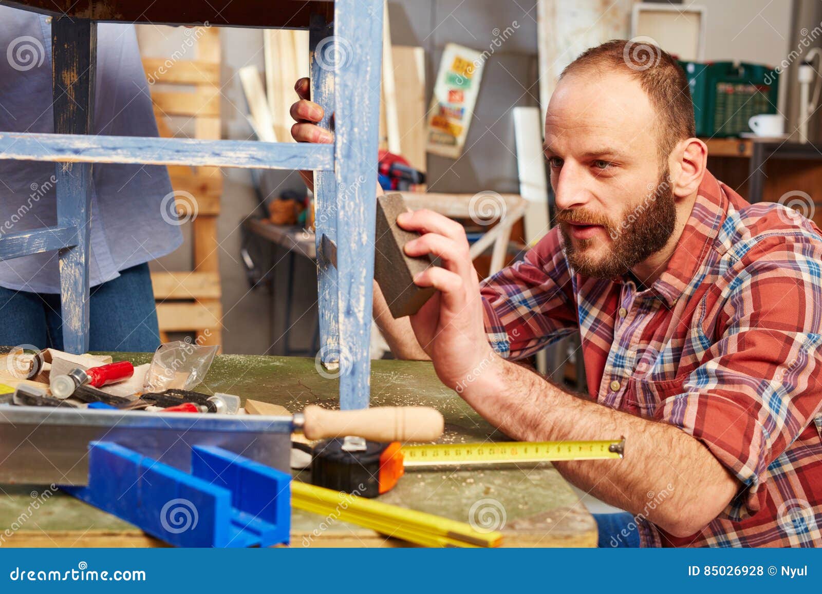 Handyman Polishing Wooden Surface Stock Photo Image of indoors, male