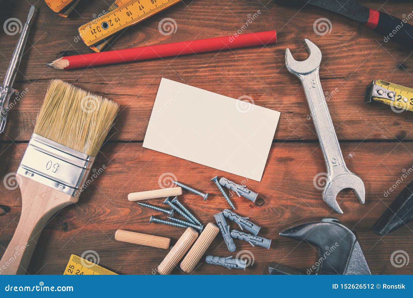 Handyman Services Home Repair Blank Business Card With Construction Tools On Wooden Background Stock Photo Image Of Background Professional