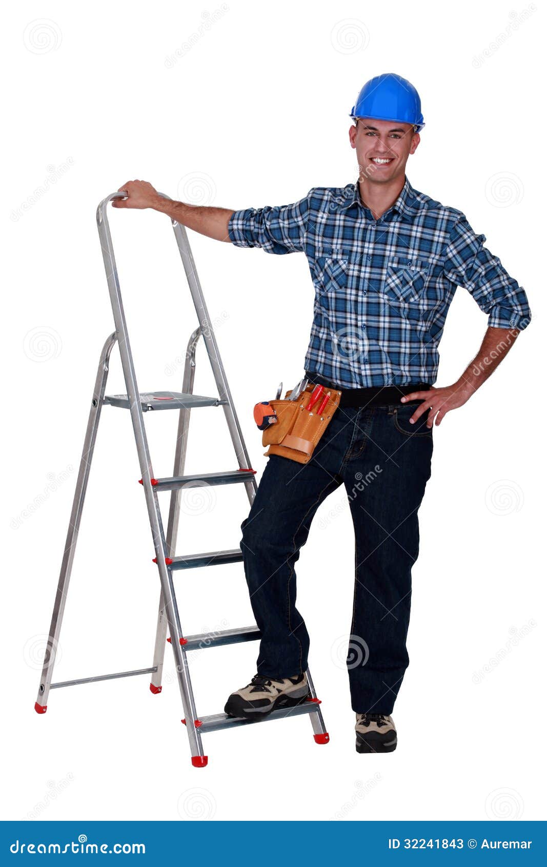 Handyman with stepladder stock image. Image of occupation 32241843