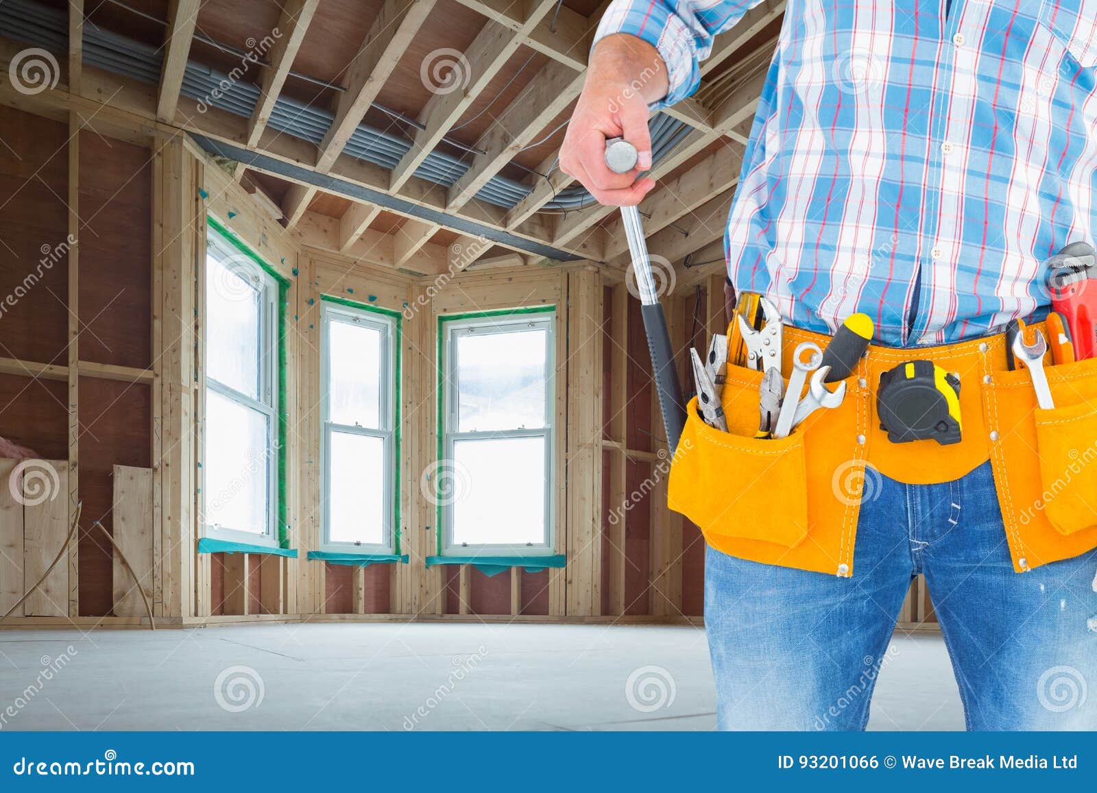Handyman Using His Tools in Construction Site Stock Photo Image of