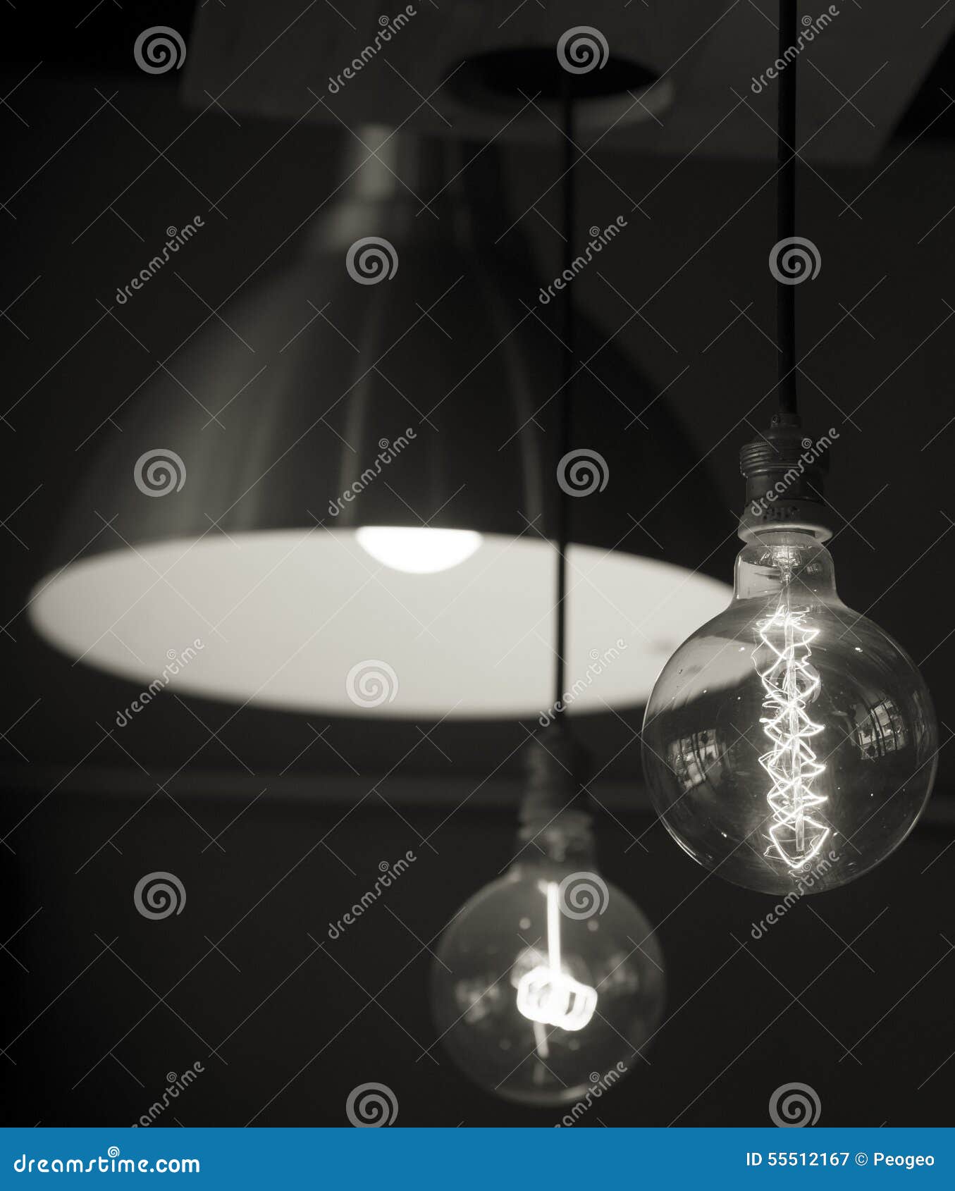 Hanged Lamps Focused on Light Bulb Black and White Stock Image Image