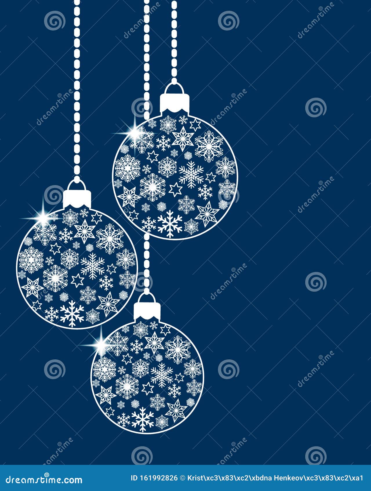 hanging christmas ball baubles decorated with various white snowflakes and stars on blue background. flat retro style. 