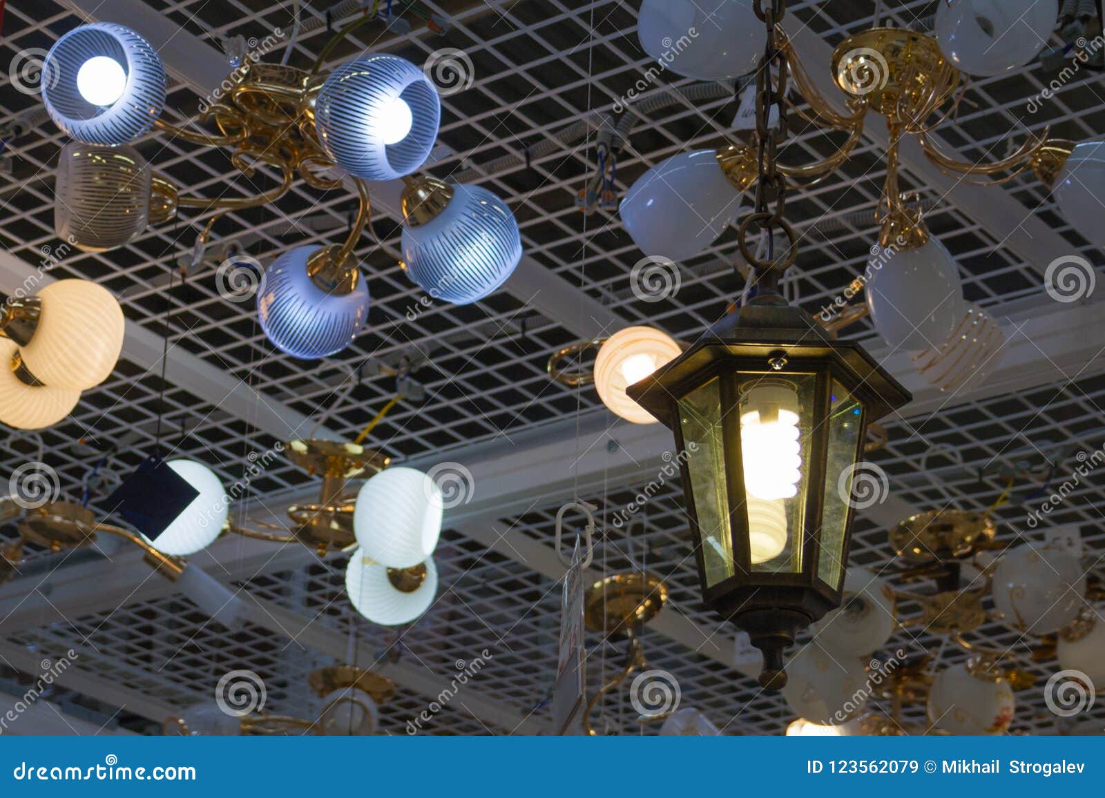 Hanging Lighted Bulbs in Store Stock Image Image of design, color