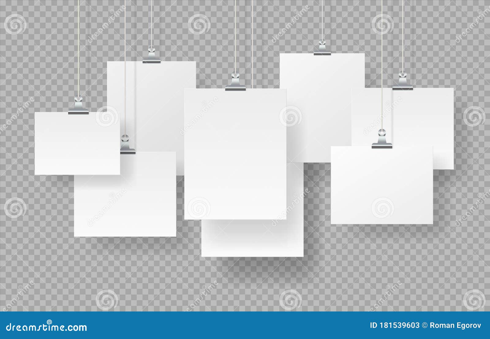 hanging posters. realistic blank photo frames mockup, white empty signboards  on transparent background. 
