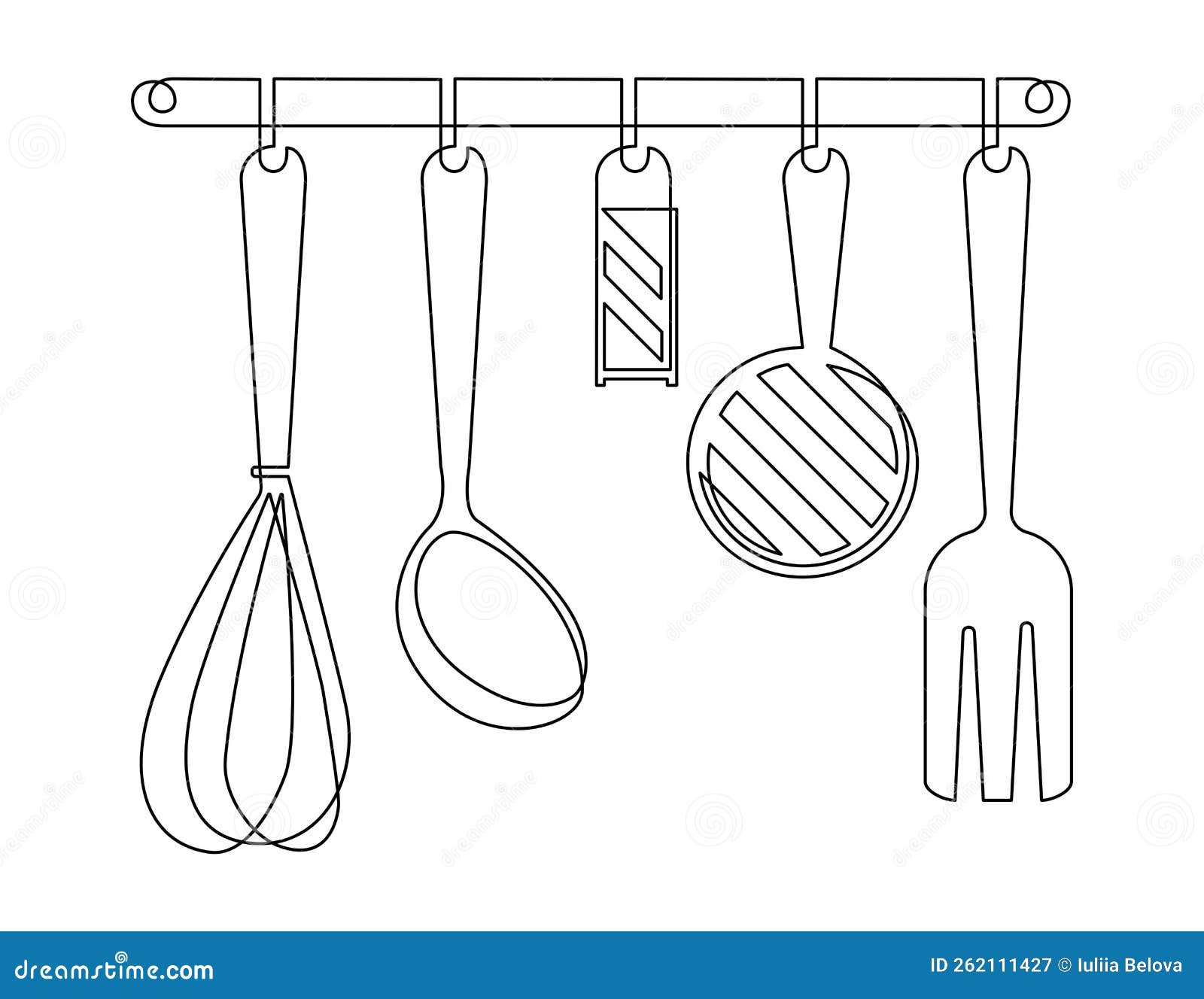 Hanging Shelf Railing with Kitchen Utensils. Still Life on the Kitchen