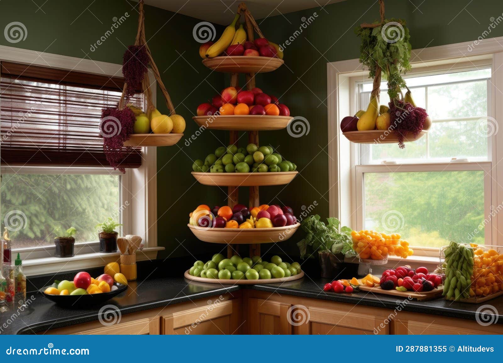 Hanging Tiered Fruit Baskets in Pantry Corner Stock Illustration