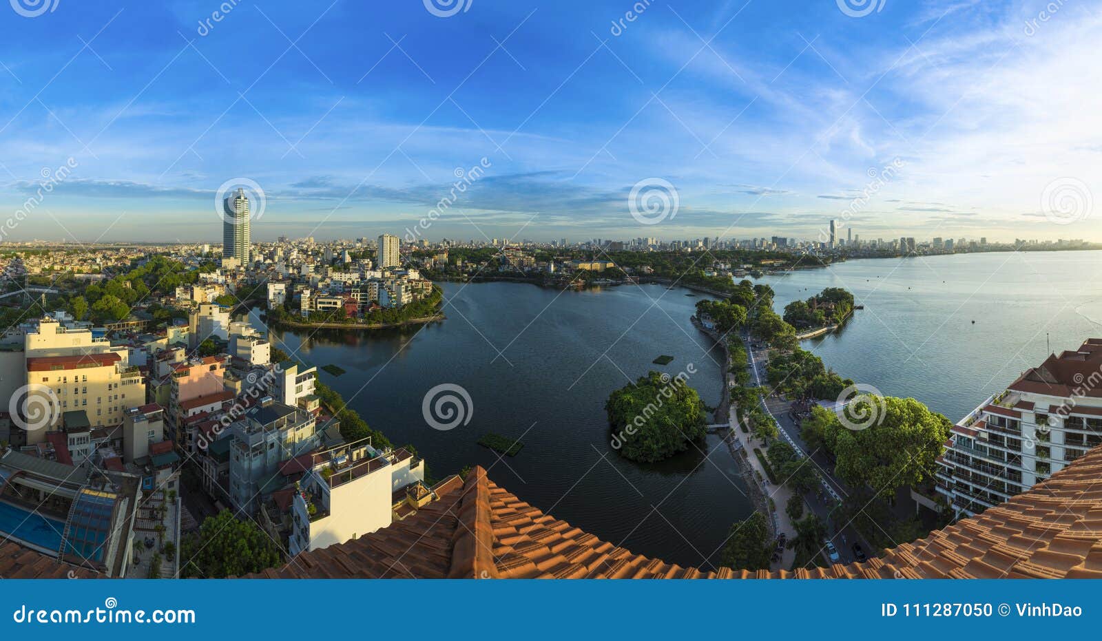 hanoi skyline cityscape at twilight period. west lake aerial view
