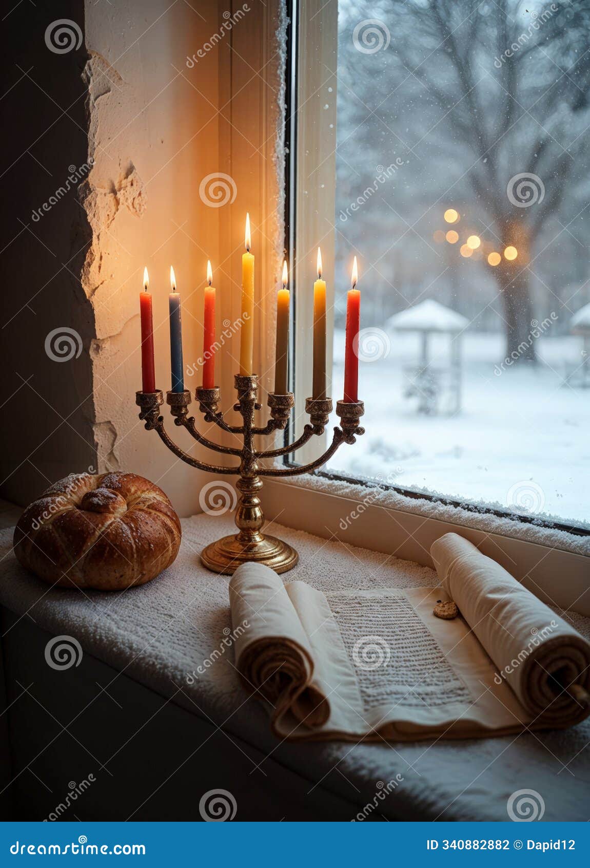 hanukkah candles in menorah on the window sill with challah bread and opened torah