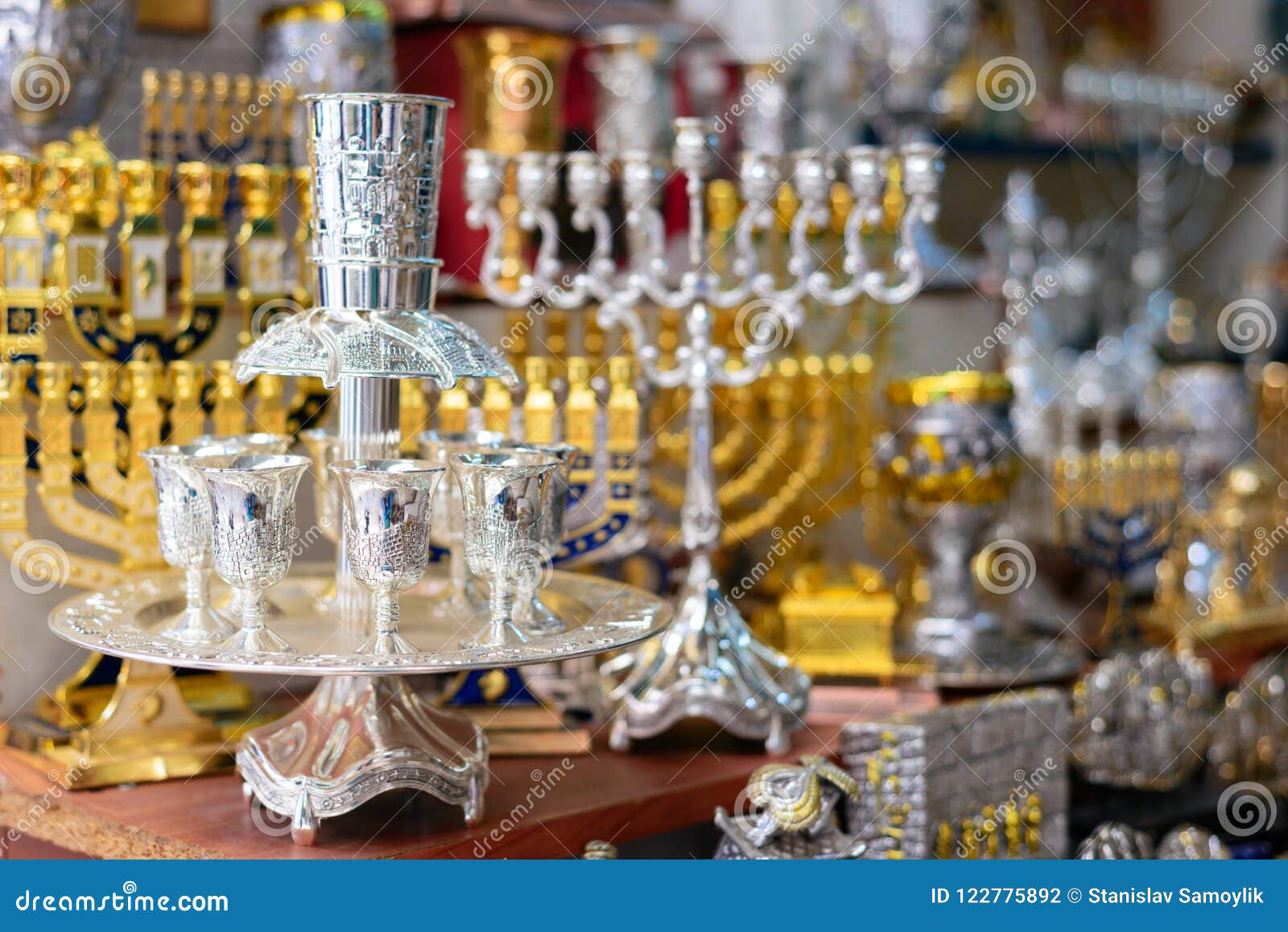 Hanukkah Candlesticks on Jerusalem Souvenir Store Stock Photo Image