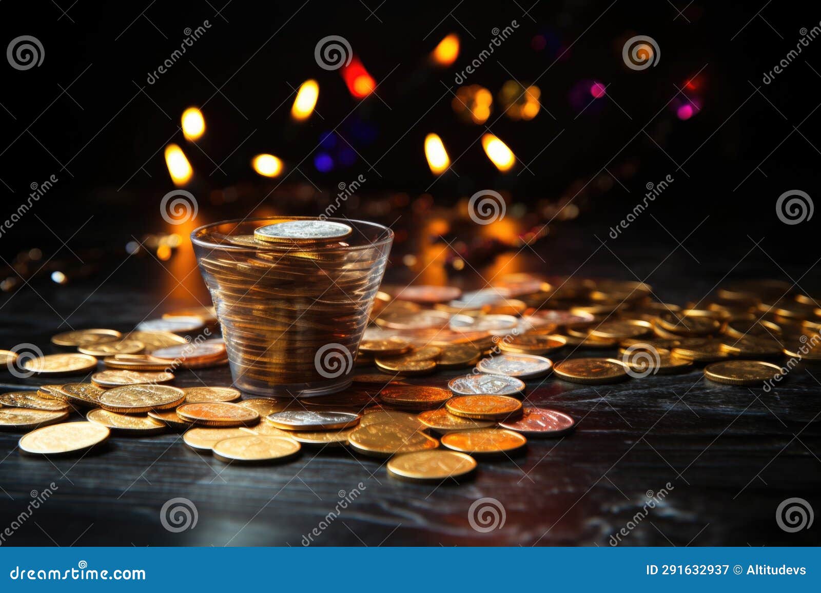 hanukkah gelt coins scattered on a dark table