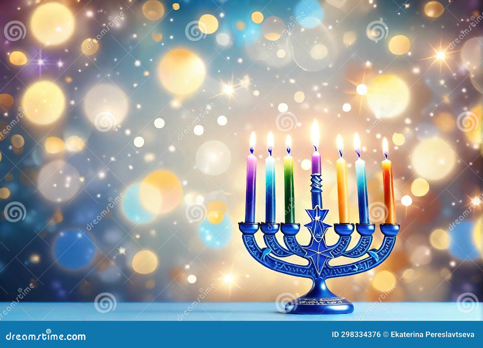 hanukkah menorah with candles on table against blurry light, religious jewish