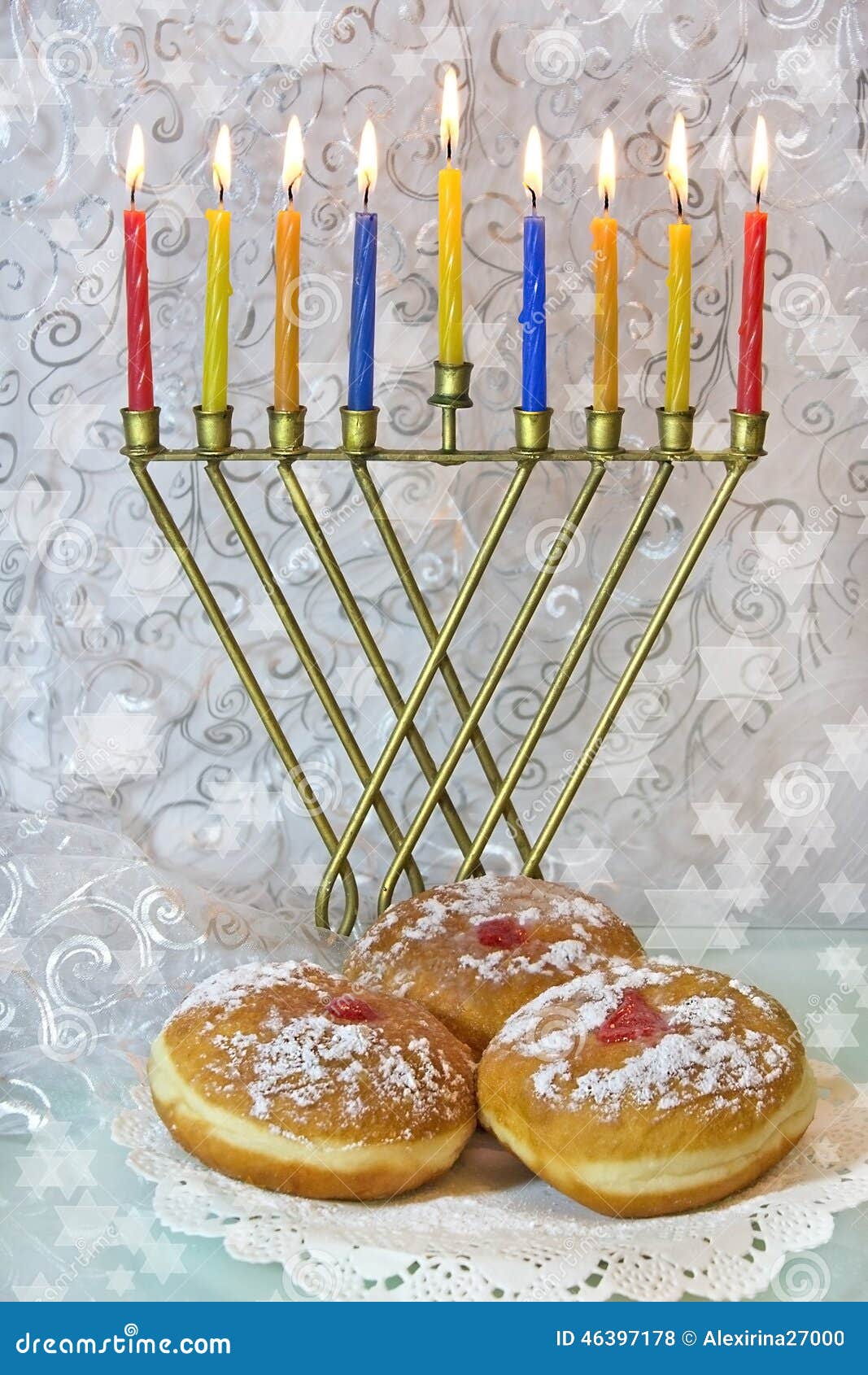 Hanukkah Menorah and Traditional Doughnuts Stock Photo Image of