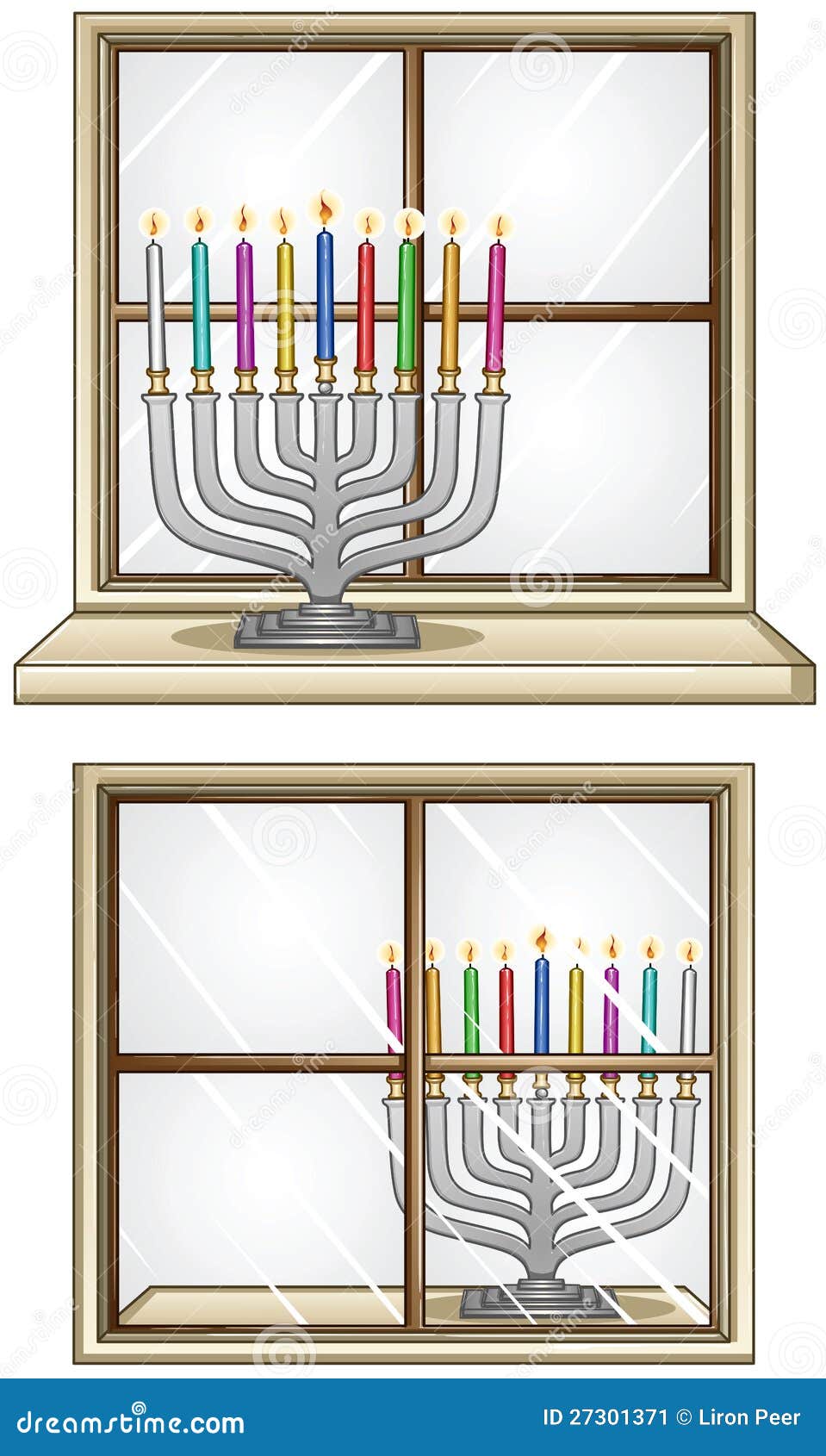 Hanukkiah Na Okno. Wektorowa ilustracja Hanukkiah z świeczkami w przodzie i za okno dla Żydowskiego wakacyjnego Hanukkah.