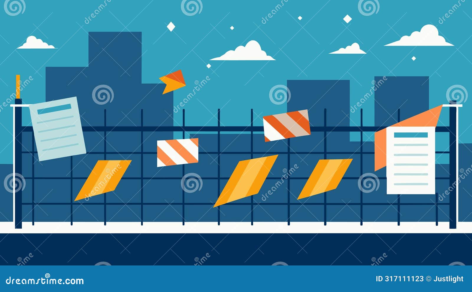 haphazardly taped onto the metal fence progress reports and projected completion dates flap in the wind giving a sense