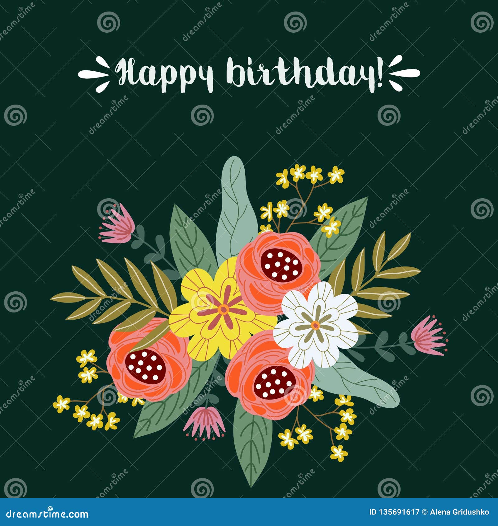 Happe Birthday, Floral Hand Draw Design Concept, Bouquet of Flowers ...