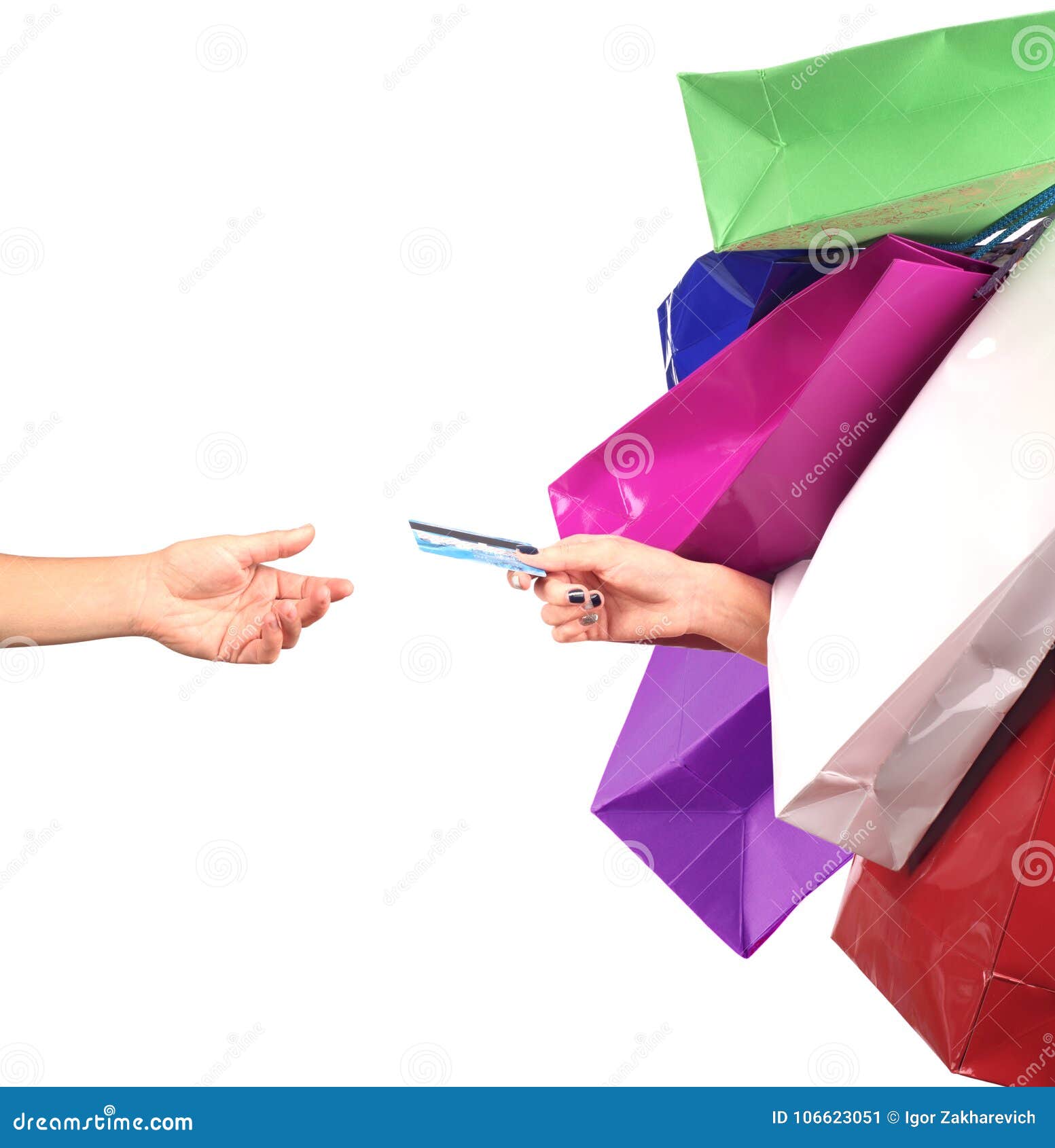 happiness, consumerism, sale and people concept. woman with shopping bags and debit card.