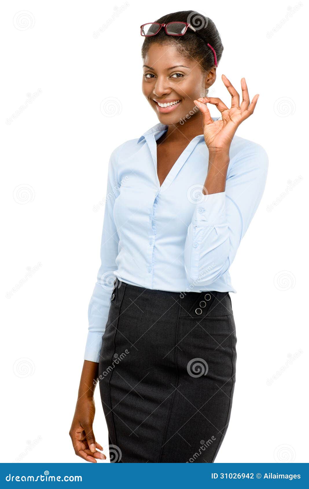 happy african american businesswoman okay sign  on white