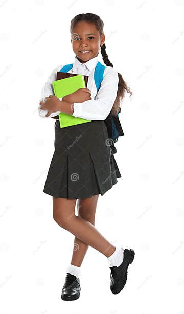 Happy African American Girl In Uniform On White Background Stock Image 