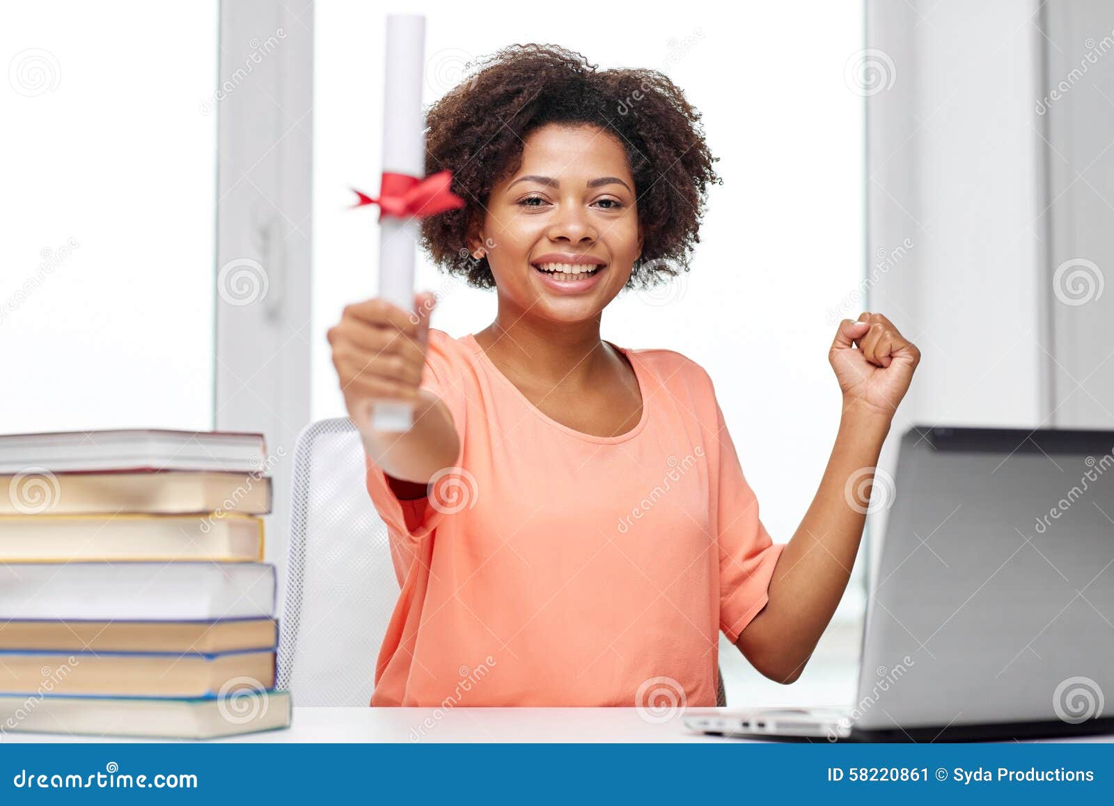 Happy African Woman with Laptop, Books and Diploma Stock Image - Image ...